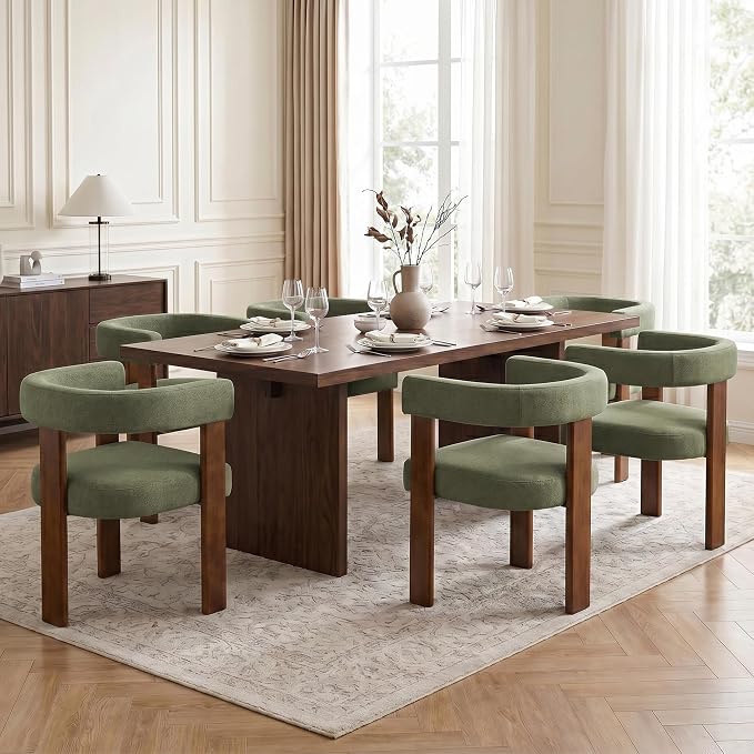 Usaint Wooden Barrel Dining Chairs Set of 2, Mid-Century Modern Upholstered Dining Room Chairs with Walnut Wood Legs and Loop Back, Comfy Accent Arm Chair for Dining Room, Kitchen, Living Room, Green