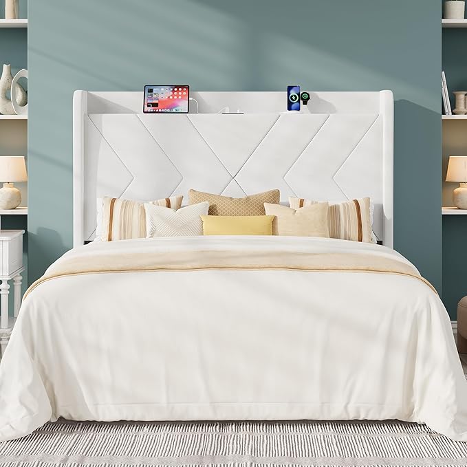 Allewie Queen Size Platform Bed Frame with Charging Station and Storage Shelf/Upholstered Velvet Wingback Headboard/Wooden Slats Support/No Box Spring Needed/Easy Assembly, White