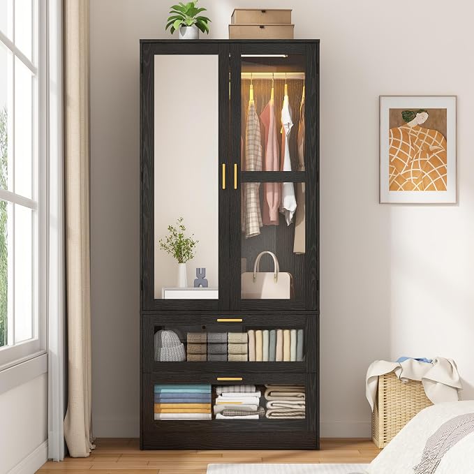 2 Doors Armoire Wardrobe Closet with LED and Mirror,71" H Freestanding Wooden Wardrobe Closet Cabinet for Bedroom w 2 Drawers,Wooden Clothing Storage Cabinet w Hanging Rod,Closets for Bedroom(Black)