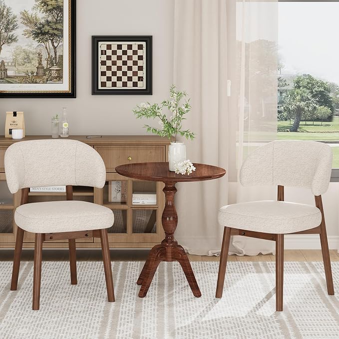 MALOL Wooden Dining Chairs Set of 2, Modern Upholstered Dining Room Chair, Fabric Kitchen Side Chairs with Curved Open Back for Living Room/Restaurant/Cafe, Beige