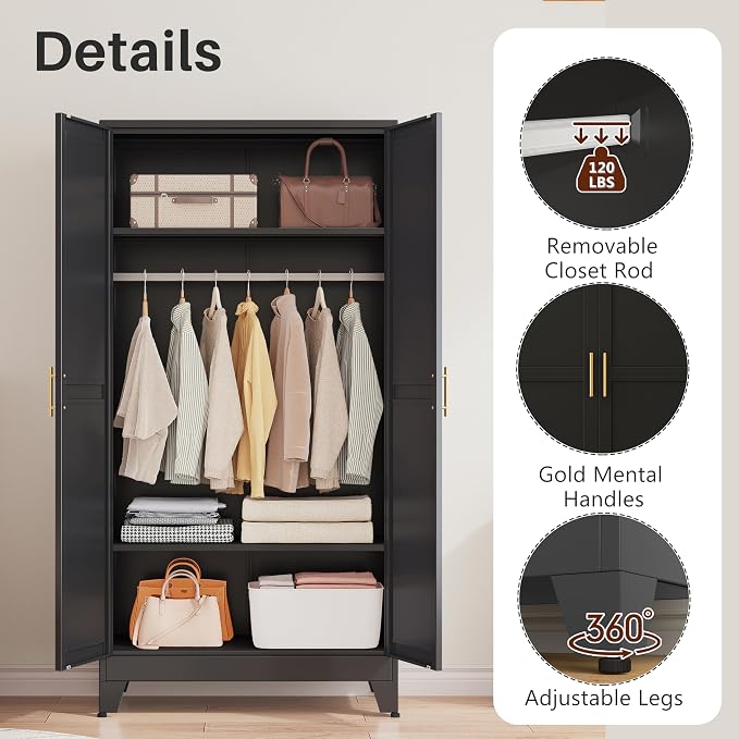 winiowa Metal Armoire Wardrobe Closet with 2 Doors, 71" Wardrobe Cabinet with Adjustable Shelves and Hanging Rod, Clothing Storage Cabinet Closet for Bedroom-Black