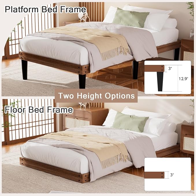 Yumori 12.9 Inch Minimalist Style Twin XL Size Bed Frame, Wood Platform Bed with Wood Slat Support, No Box Spring Needed, Easy Assembly, Walnut