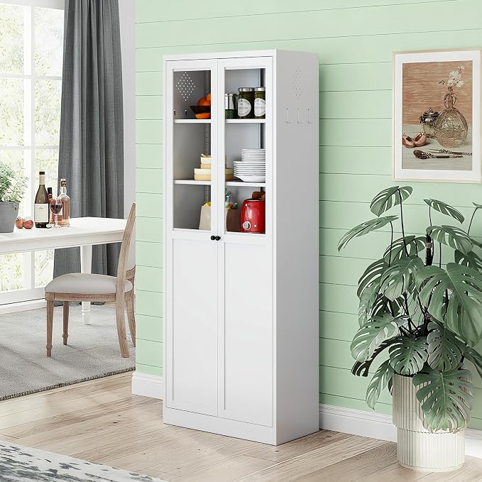 Kitchen Pantry Storage Cabinet, 72" H Storage Cabinet with Doors and Adjustable Shelves, Spacious Cupboard with 2 Handles, Metal Kitchen Cabinet for Dining Room, Living Room, White