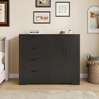 IDEALHOUSE 43.3'' H Armoire Wardrobe Closet with 4 Drawers and 2 Doors, Hanging Rod, Multifunctional Wooden Dresser with Storage Closet, Bathroom Cabinet for Bedroom, Black