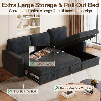 81" Convertible L-Shaped Pull Out Sectional Sleeper Sofa Bed, Dark Gray | Storage Chaise, Pull Out Sectional Couch, Removable Cushions, Chenille Fabric, For Small Apartment & Living Room