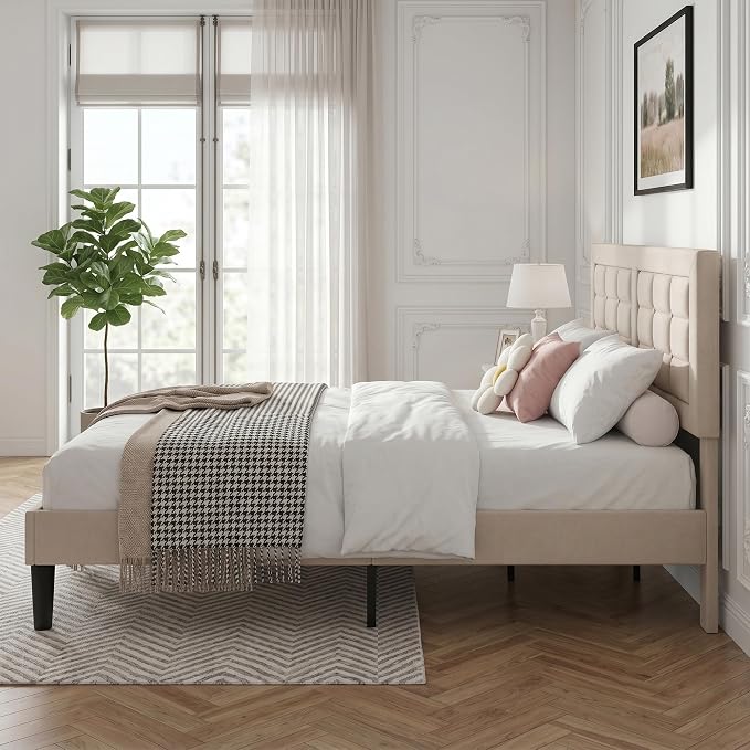 VECELO Full Size Bed Frame, Adjustable Upholstered Button Tufted Headboard, Heavy-Duty Bedframe with Wood Slats Support, No Box Spring Needed, Beige