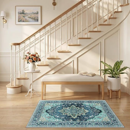 RELEANY Area Rugs Small 2'6"x4' Washable Non-Slip, Floral Vintage Distress Medallion Carpet for Kitchen Entryway Bathroom, Teal Green Lake Blue Turquoise