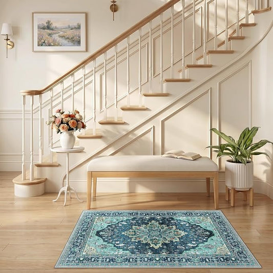 RELEANY Area Rugs Small 2'6"x4' Washable Non-Slip, Floral Vintage Distress Medallion Carpet for Kitchen Entryway Bathroom, Teal Green Lake Blue Turquoise