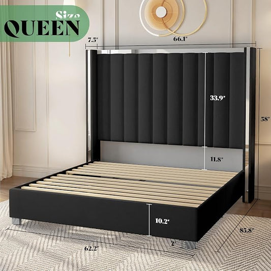 AMERLIFE 3-Piece Modern Bedroom Set Queen – Black Upholstered Bed Frame with 58" Wingback Headboard and 2 White Nightstands