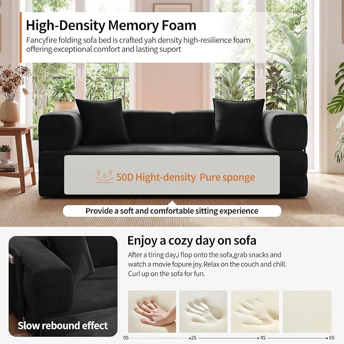 78.8" Convertible Sofa Bed with Armrest Pillow, 4-in-1 Sleeper Couch Bed for Livingroom, Modular Corduroy Boneless couches, No Assembly (Black)