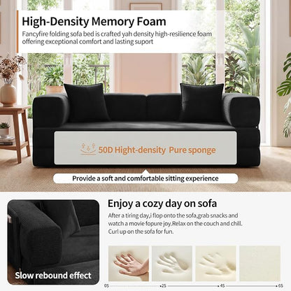 78.8" Convertible Sofa Bed with Armrest Pillow, 4-in-1 Sleeper Couch Bed for Livingroom, Modular Corduroy Boneless couches, No Assembly (Black)