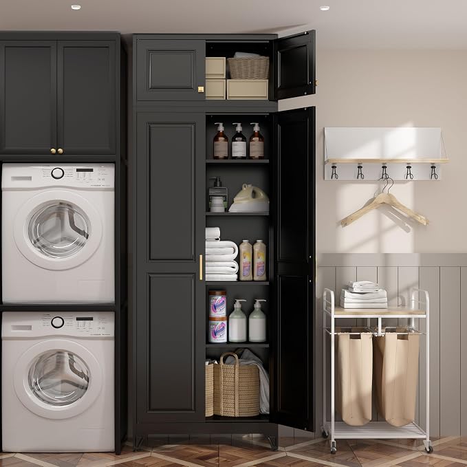 SteeLoong 90”Kitchen Pantry Cabinet,Metal Storage Cabinets with Doors and 4 Adjustable Shelves,Black Kitchen Cabinet with 2 Gold Handles,Tall Cabinet for Livingroom, Bathroom