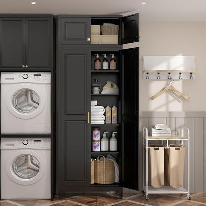SteeLoong 90”Kitchen Pantry Cabinet,Metal Storage Cabinets with Doors and 4 Adjustable Shelves,Black Kitchen Cabinet with 2 Gold Handles,Tall Cabinet for Livingroom, Bathroom