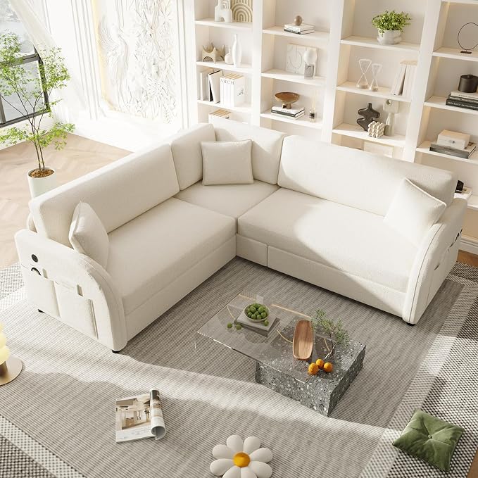 85.1" L-Shaped Pull Out Sofa Bed – Oversize Convertible Sleeper Couch with USB Ports & Side Storage, Teddy Upholstered Sectional for Living Room & Bedroom, Beige White
