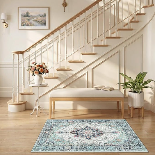 RELEANY Area Rugs Small 2'6"x4' Washable Non-Slip, Floral Vintage Distress Medallion Carpet for Kitchen Entryway Bathroom, Green Navy Blue White Red Teal