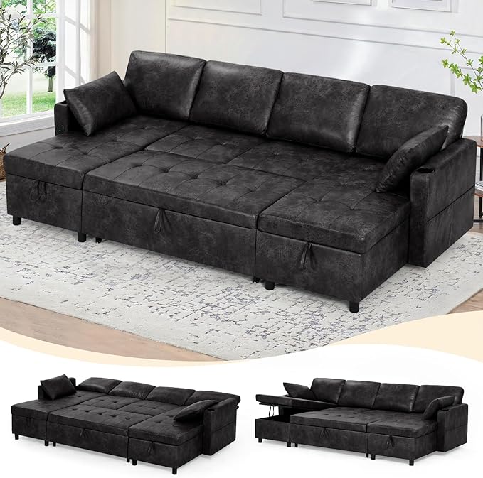 110 inches Suede Leather Sleeper Sofa w/Pull Out Bed, U-Shape Sectional Sofa Bed w/Adjustable Backrest and Storage Chaises, 4-Seats Upholstered Sofa Bed w/USB Port for Living Room, Black