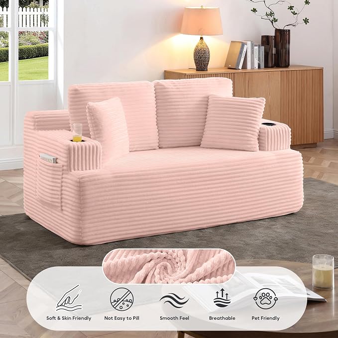 66.5'' Boneless Sofa Couch with Cup Holders & Side Pockets, Modern Corduroy Fabric Upholstered Loveseat Couch with 2 Throw Pillows for Living Room Office, No Assembly (Pink)
