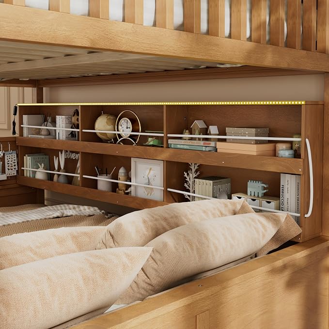 Merax Full Over Queen Bunk Bed,Wood bunk Bed with LED,Bed with Integrated Shelving, Color-Changing Lights and Pegboard, Full XL Over Queen, Brown