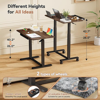 Mobile Standing Desk, 35inch Small Rolling Table with Drawer, Height Adjustable Sit Stand Workstation, Walnut Portable Laptop Cart with Hidden Wheels or Lockable Casters