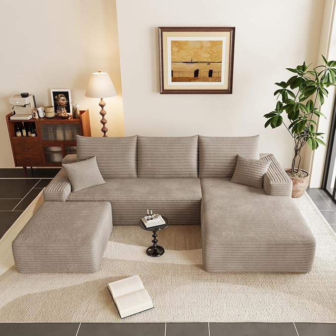 95" Cloud Sectional Couch U-Shaped Chaise with Ottoman, Corduroy Boneless Couch for Living Room Bedroom, Deep-Seat Upholstered Modular Cloud Sofa, No Assembly Required (Camel, Right Facing Chaise)