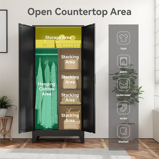 YAUWOH Farmhouse Wardrobe Cabinet,Metal Wardrobe Closet with Hanging Rod,Metal Armoire with Adjustable Shelves for Bedroom,Cloak Room,Office (Black)