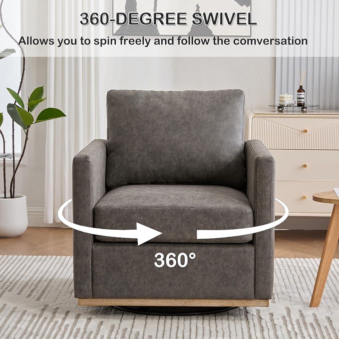 Swivel Accent Chair, 360 Degree Square Swivel Chair for Living Room, Mid Century Modern Upholstered Barrel Chair,Comfy Sofa Armchairs for Bedroom,Nursery,PU Leather, Gray