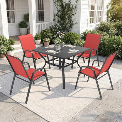Outdoor Dining Set for 4,5pcs Patio Table and Chairs Set with Adjustable Umbrella Hole,37.8”x37.8” Square Metal Outdoor Table and Stackable Patio Chair for Yard, Garden, Porch