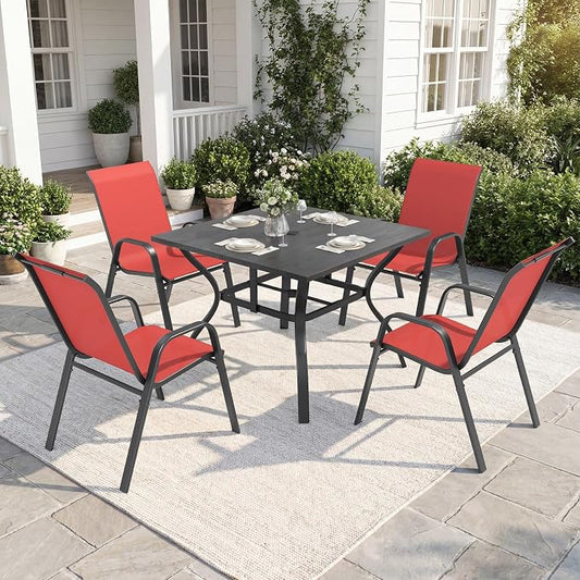 Outdoor Dining Set for 4,5pcs Patio Table and Chairs Set with Adjustable Umbrella Hole,37.8”x37.8” Square Metal Outdoor Table and Stackable Patio Chair for Yard, Garden, Porch