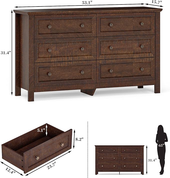 Farmhouse Dresser Nightstand Sets, 3-Piece Bedroom Furniture Set for Home | 5/6 Drawer Dresser Closet & 3 Drawer Nightstand, Chest of Drawers for Bedroom, Living Room, Entryway, Dark Brown