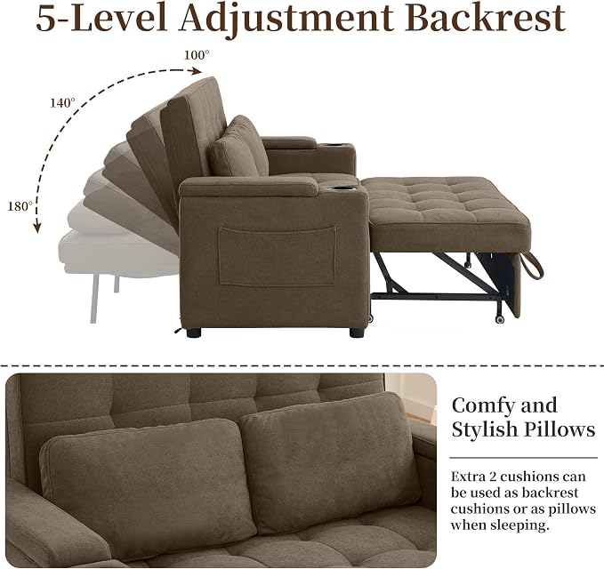 Korser 55.5'' 3-in-1 Convertible Sofa Bed, Pull Out Couch with 5-Position Adjustable Backrest, Loveseat Sleeper Sofa for Small Spaces, Sofa Couch with Cup Holders for Living Room, Office, Chenille
