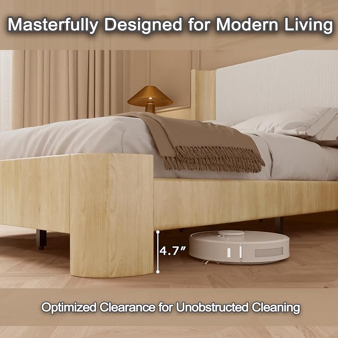 Queen Size Upholstered Platform Bed Frame with Wingback Headboard, Motion-Sensing LED Lights, Sturdy Slats, Mattress-Lock Footboard, PU Leather,No Box Spring Needed, Easy Assembly, Whitewashed Oak