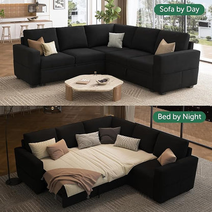 HONBAY Modular Sectional Sleeper Sofa with Pull-Out Bed, Velvet L-Shaped Sofa with Storage Seat, Sectional Sofas for the Living Room, Black