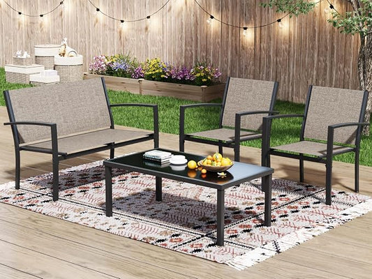 Greesum 4 Pieces Patio Furniture Set, Outdoor Conversation Sets for Patio, Lawn, Garden, Poolside with A Glass Coffee Table, Brown