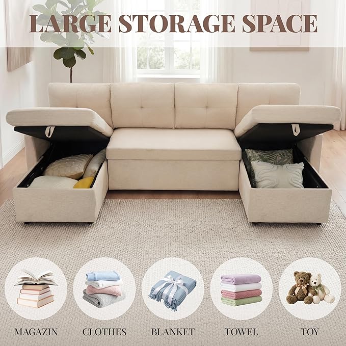 Huatean Home Oversized Sleeper Sofa Couch, 100 inch 2 in 1 Pullout Couch Bed with Side Pockets for Living Room, Sectional Sleeper Sofa Bed with Double Storage Chaise, Beige