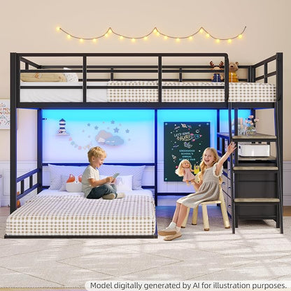 busyaeh Bunk Bed Full Over Twin,Low Bunk Bed with 8 Drawers & 4 Shelves | Bunk bed with Desk,15" H Safety Guardrail,& LED Lights and Charging Station,L-Shaped Bunk Beds with Stairs, Oak Gray