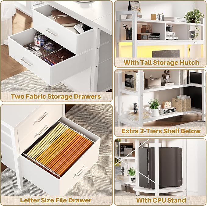 Aheaplus L Shaped Gaming Desk with Hutch, Gaming Desk with Led Lights, Reversible Computer Desk with Power Outlet, Corner Desk with File Drawer & Monitor Stand, Storage Shelves for Home Office, White