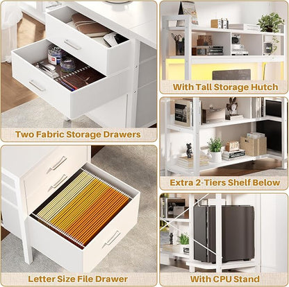 Aheaplus L Shaped Gaming Desk with Hutch, Gaming Desk with Led Lights, Reversible Computer Desk with Power Outlet, Corner Desk with File Drawer & Monitor Stand, Storage Shelves for Home Office, White