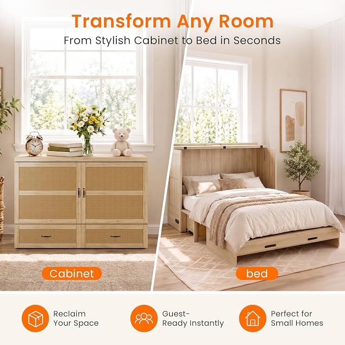 CECER Queen Murphy Bed with Mattress for Guest/Small Space-Natural Wood | Built-in Multi-Port Charging Station ＆ Large Storage Drawer，Space Saving ＆ Easy Assemble and Conversion