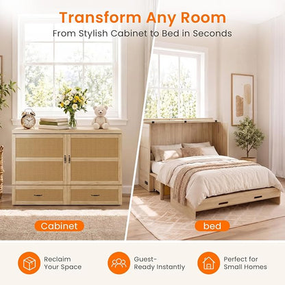 CECER Queen Murphy Bed with Mattress for Guest/Small Space-Natural Wood | Built-in Multi-Port Charging Station ＆ Large Storage Drawer，Space Saving ＆ Easy Assemble and Conversion