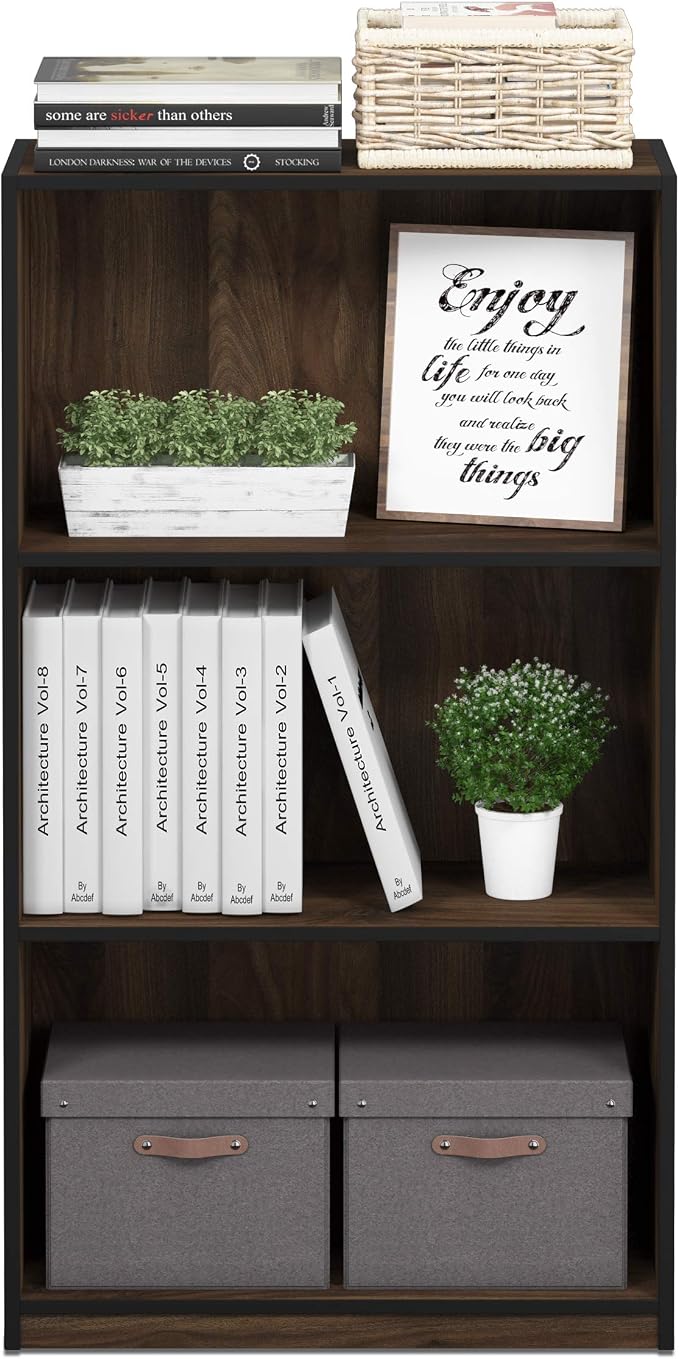 Furinno BASIC Book Shelf, 3-Tier Modern Bookshelf, Bookcase with Open Shelves, 9.3 x 21.8 x 39.5, for Living Room, Bedroom, Home Office, Columbia Walnut/Black