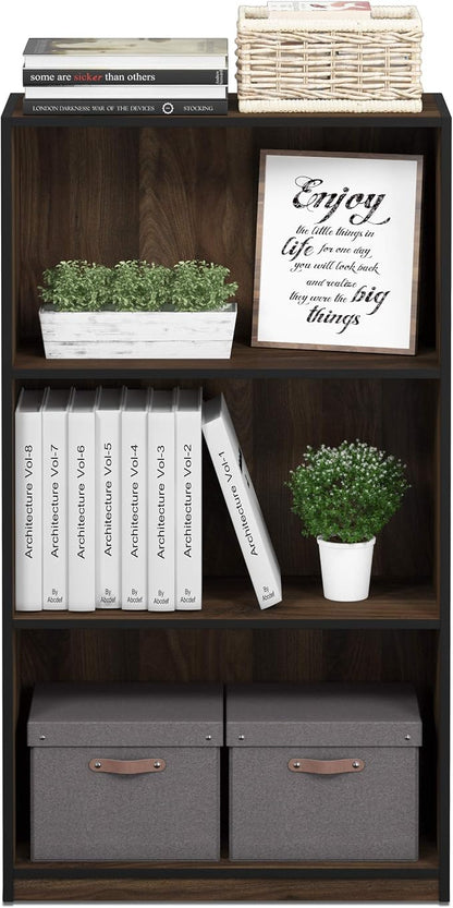 Furinno BASIC Book Shelf, 3-Tier Modern Bookshelf, Bookcase with Open Shelves, 9.3 x 21.8 x 39.5, for Living Room, Bedroom, Home Office, Columbia Walnut/Black