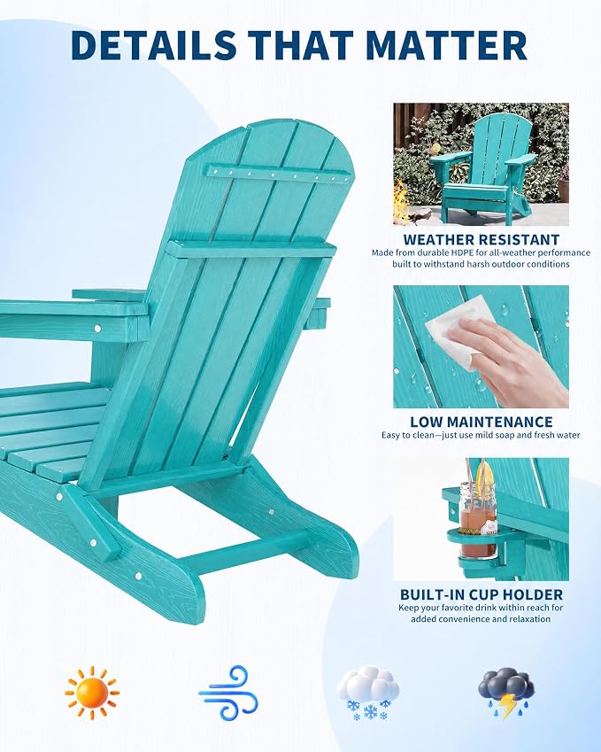 Garvee Folding Adirondack Chair Set of 2, HDPE Outdoor Patio Chair with Cup Holder, All Weather Resistent Wooden Textured for patios, Decks, Gardens, fire Pit, Lake Blue