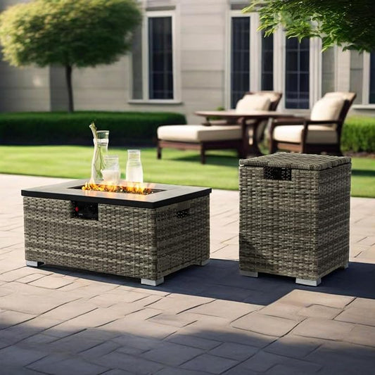 GDFStudio 32" Propane Fire Pit Table with Tank Holder, 50000 BTU Outdoor Gas Fire Table with Ceramic Top & Wicker Base, Steel Firepit with Lid & Cover for Patio Garden Backyard, 2-Piece Set, Beige