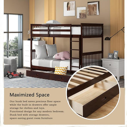 Merax Full-Over-Full Bunk Bed with Two Storage Drawers, Solid Wood Full Size Bunk Bed with Guardrail and Removable Ladder, Can be Converted Into 2 Separate Beds, Espresso