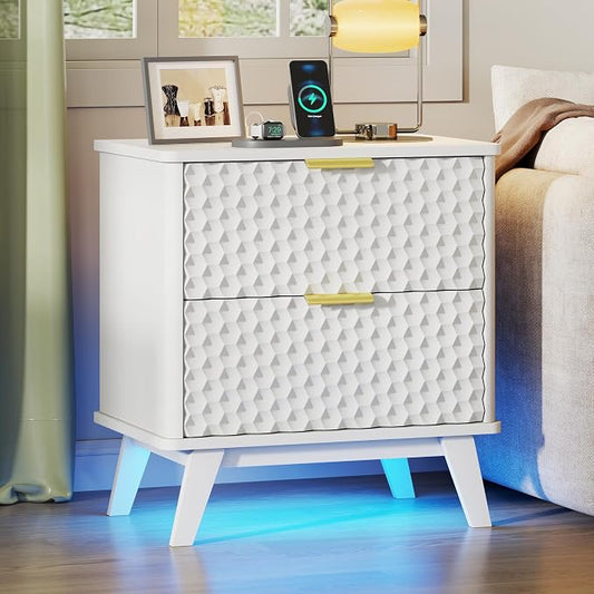 LVSOMT Smart Nightstand with Charging Station and LED Lights, 23.62" Wide Night Stand with 2 Drawers, Motion Sensor Motion-Activated Underlight, Honeycomb Bedside Table for Bedroom, White