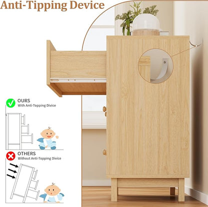 Rattan 3 Drawer Dresser for Bedroom, Small Boho Dresser with Wood Handles, Wood Nightstand, 29.52" Wide Modern Dresser, Chests of Drawers for Living Room, Entryway, Hallway, Natural Oak