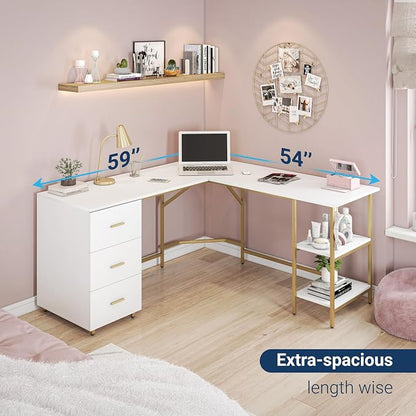 Techni Mobili L Shaped Desk - Two-Toned Computer Desk with Drawers & Storage Shelves - Simple Modern Furniture & Home Office Space Corner Table for Work & Writing | 59" two‑tone L‑shaped desk with storage shelves, durable frame, modern corner workstati...