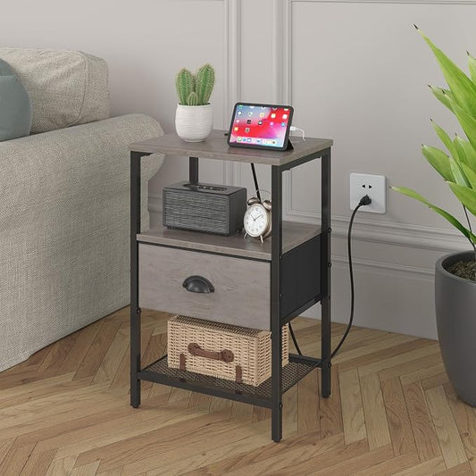 sthmec Nightstands Set of 2, Night Stands with Charging Station and Fabric Drawer, Grey Bedside Tables with Drawers, 2- Tier Side Table with Storage, Nightstands with Charging Station,Grey