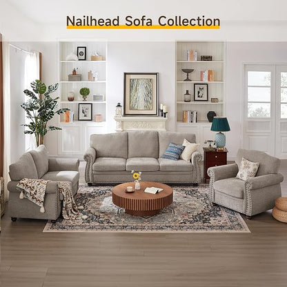 ONBRILL Nailhead Sofa, 66 Inch Small Couch with Rolled Arms, Chenille Fabric Loveseat w/Springs Seat Cushion, Vintage Curved Back, Turned Wood Legs, Comfy Couch for Living Room, Farmhouse, Beige