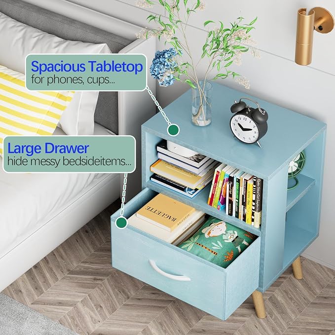 Aenuert Night Stand, Blue Kids Nightstand with Drawer, Nursery Side Table with Open Storage, 2-Tier Modern End Table, Bedside Table for Small Space, Living Room, Bedroom